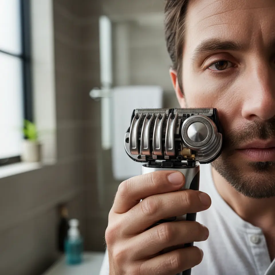 Cross-sectional view of an electric shaver’s cutting-edge blade technology: show a multi-foil system with five stainless-steel blades honed at precise angles alongside a rotary head, highlighting metal alloys, hair stubble being captured, and the hybrid configuration in vivid detail.