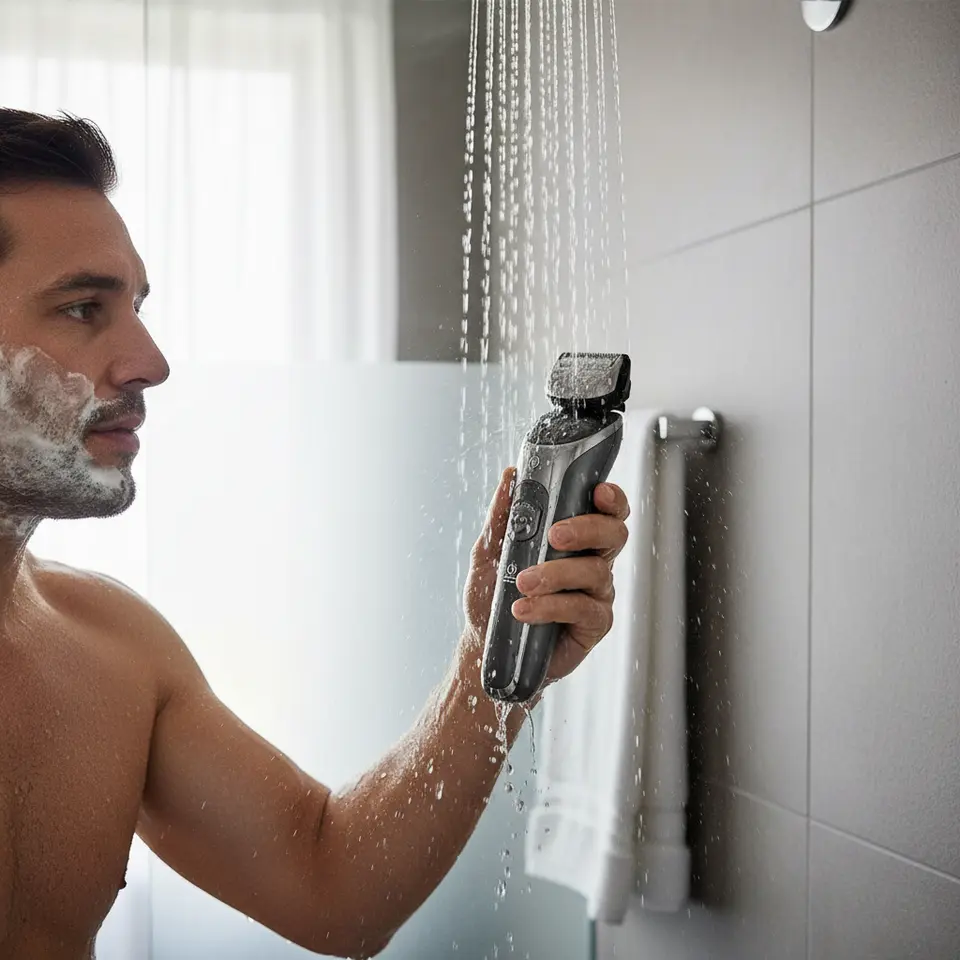 A waterproof electric shaver in a wet & dry scenario: depict the device under running water in a shower, foam shaving gel lather, water droplets on its IPX7-rated body, removable heads being rinsed, and subtle icons indicating submersion safety.