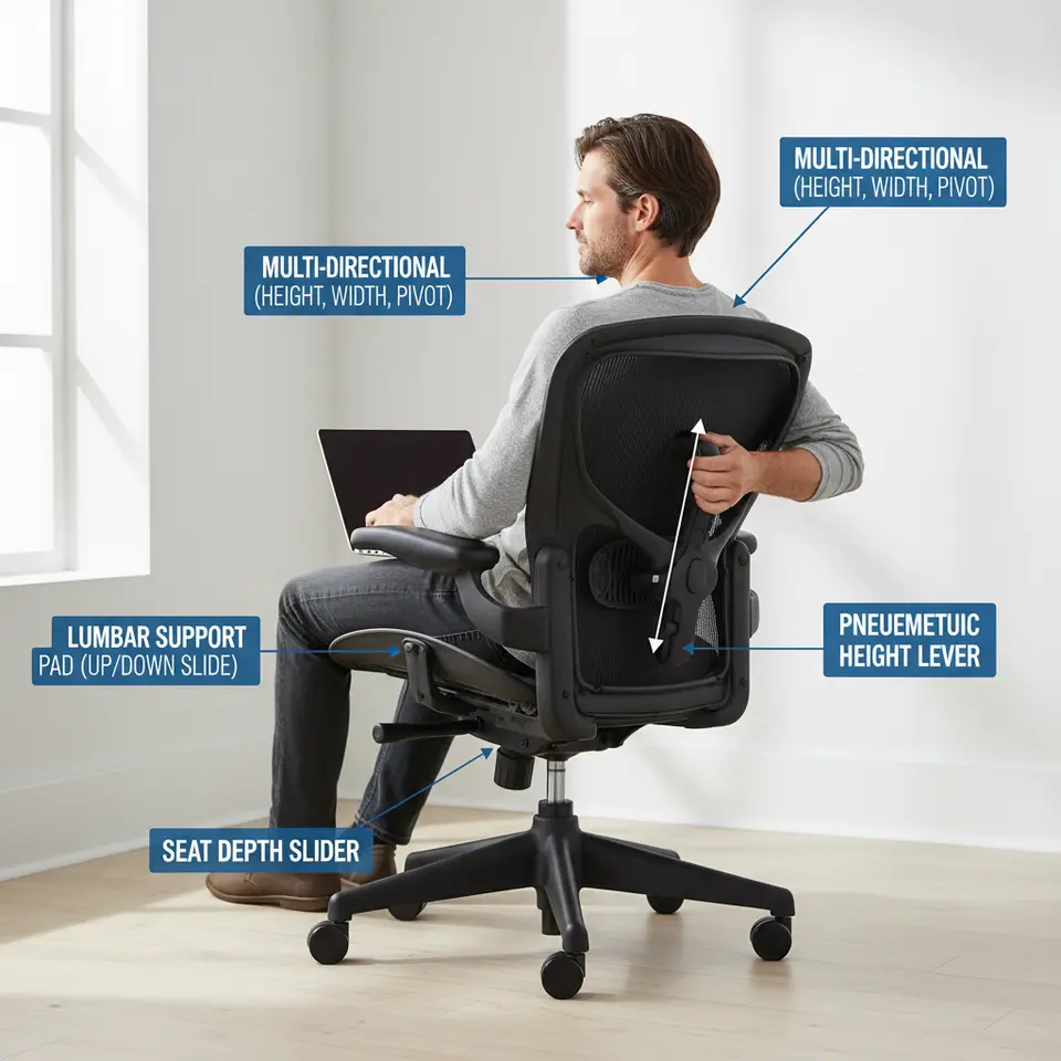 A user seated in an ergonomic office chair with callouts and arrows highlighting key adjustable features: pneumatic height lever under the seat, multi-directional armrests (height, width, pivot), lumbar support pad sliding up and down, and a seat depth slider, all set against a clean white background with ergonomic office chairs