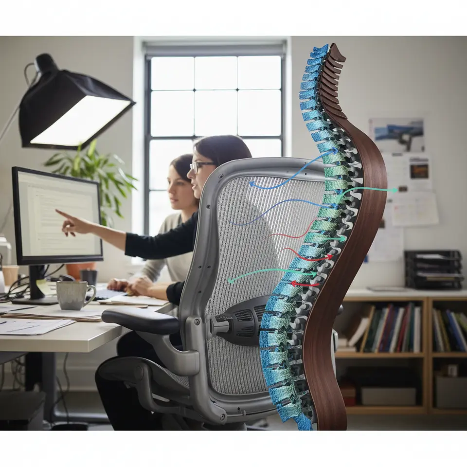 A semi-transparent 3D cutaway of the Herman Miller Aeron chair’s backrest showcasing the patented Pellicle mesh: polymer weave strands, weight-distribution zones, and colored airflow arrows moving through the mesh, with the chair contouring to an abstract spine silhouette.