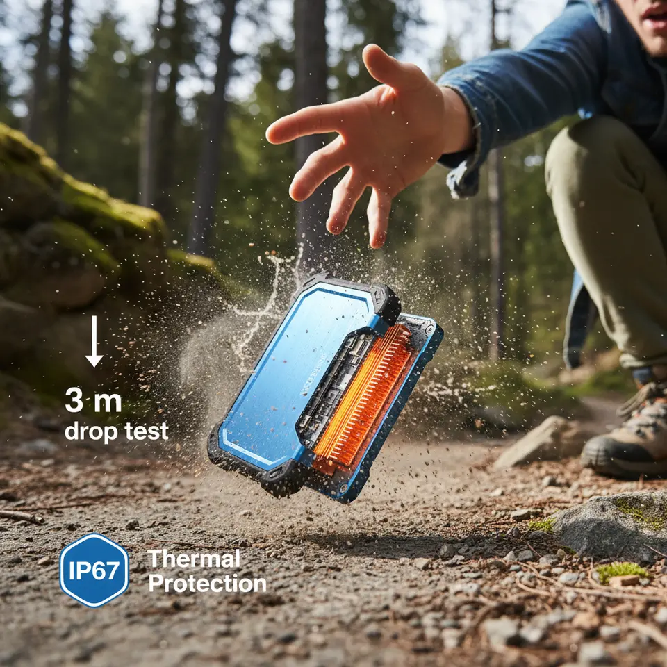 Durability and Reliability Factors: A rugged portable SSD encased in rubberized bumpers and anodized aluminum housing, with water splashes and dust clouds around it, an arrow indicating a 3 m drop test, an IP67 badge, and a cutaway view of an internal heat sink highlighting thermal protection.