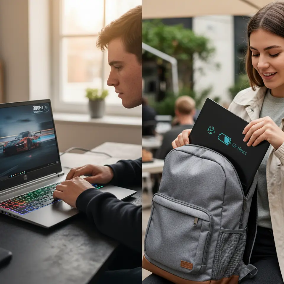 A split-screen comparison of two design priorities: left side shows the HP Omen 15 with an aluminum chassis, glowing per-key RGB keyboard, and an overlay of a 300Hz refresh-rate display with motion-blur lines; right side features the MSI GF63 Thin in a lightweight, backpack-ready setup, emphasizing its slim profile, long-life battery icon, and discreet cooling vents.