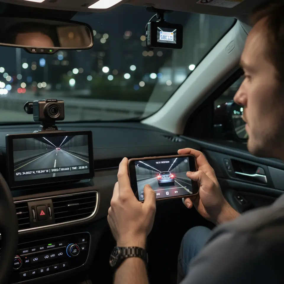 Premium Dual-Channel 4K Dash Cam Setup: A sleek dashboard-mounted dual-lens system showing a high-resolution 4K front camera with Sony STARVIS sensor capturing a dimly lit tunnel, paired with a rear 1080p module recording license plates. Include visual cues for built-in GPS data overlay on the video and a smartphone screen previewing footage over Wi-Fi.