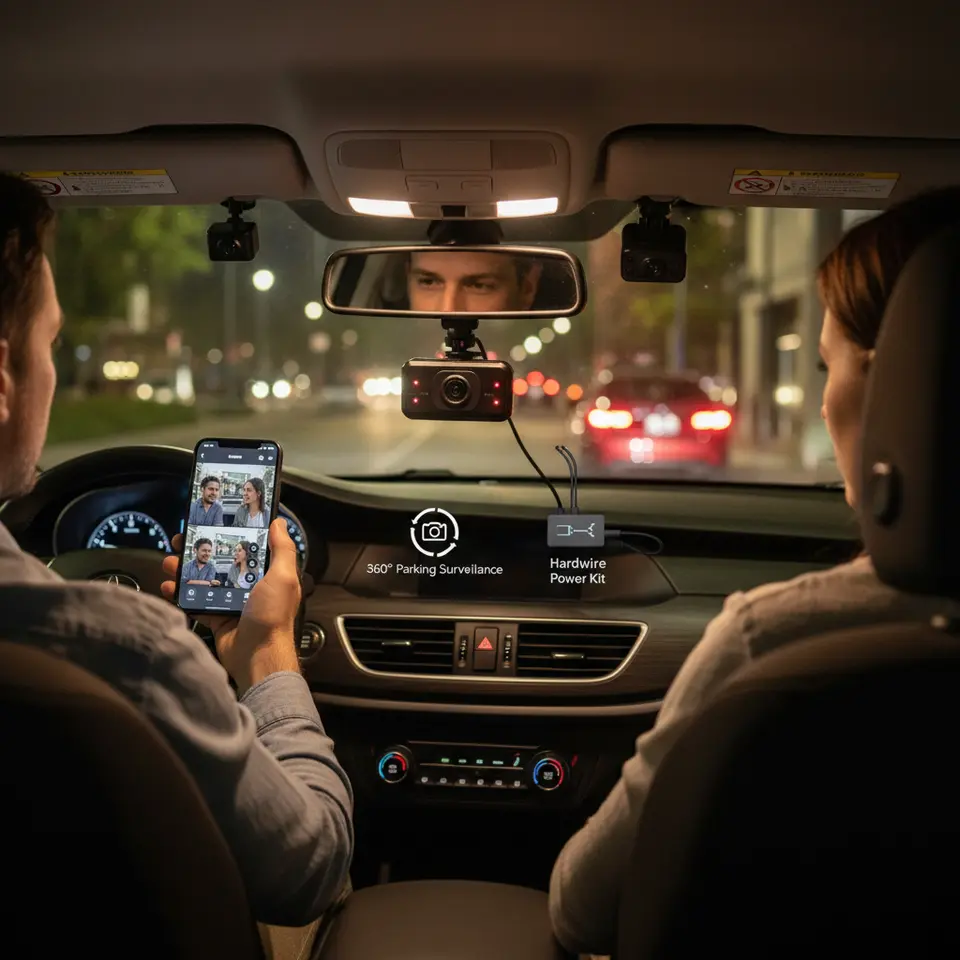 Complete Multi-Channel Dash Cam System in a Rideshare Vehicle: Illustrate a three-module configuration with a 1440p front windshield camera, an interior infrared-lit 1080p cabin camera showing passenger faces at night, and a rear 1080p lens. Show icons for 360° parking surveillance, hardwire power kit, and a smartphone app interface toggling between all three live feeds.