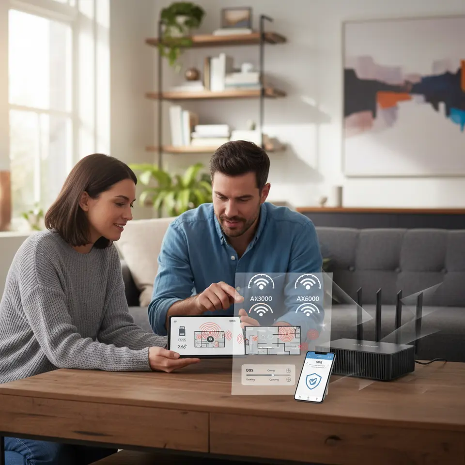 A visual buyer’s guide for selecting a Wi-Fi 6 router: side-by-side comparison icons of AX3000 vs AX6000 speed ratings, a stylized home floor plan with mesh satellite nodes and coverage heat zones, external antennas beaming signals, USB and multi-gig Ethernet port callouts, plus a smartphone app interface showing QoS sliders and security shield graphics.